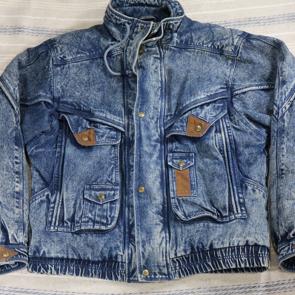 VTG EAGLES RIDGE Acid Wash Denim Bomber Jacket Sz Lg - Picture 4 of 8